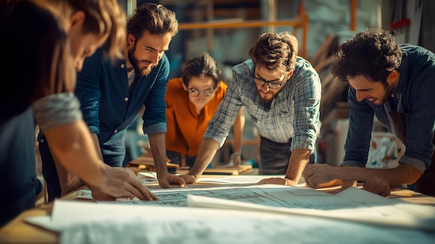 Photo group of architects or engineers studying blueprints