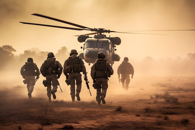 A group of armed soldiers walking to helicopter after a military operation