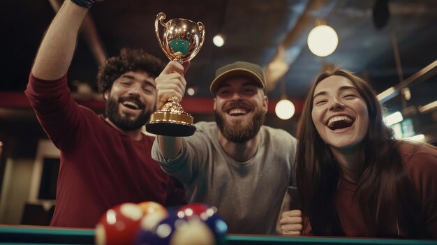 Photo group around a pool table with a trophy