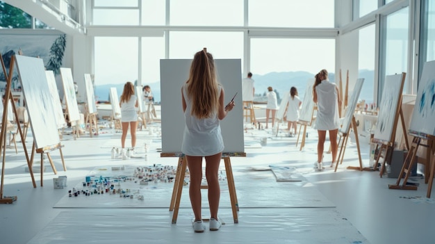 Photo a group of artists is engaged in painting in a spacious welllit studio each person is focused on their canvas surrounded by art supplies and inspiration