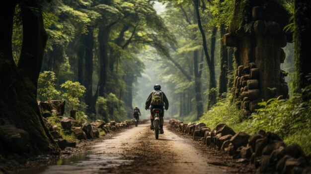 Group of Asian cyclists they cycle through rural and forest roads