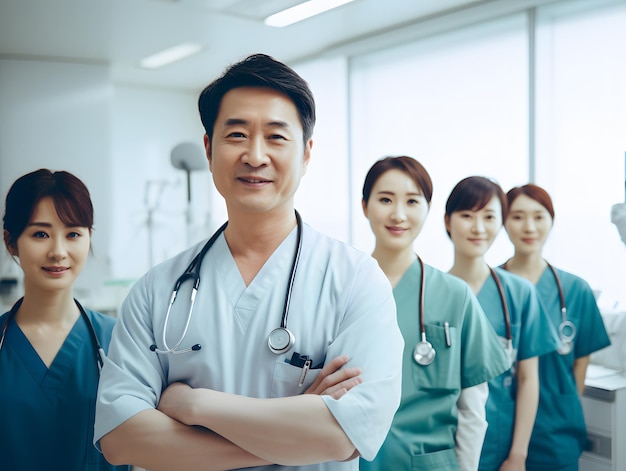 A group of Asian doctors looking at the camera and smiling while standing in hospital