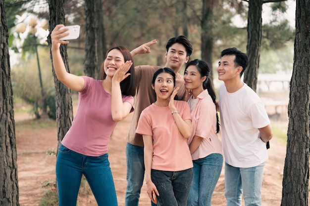 Group Asian people picnic outside