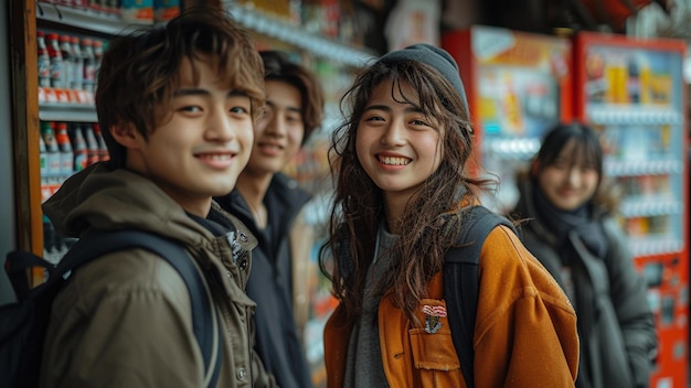 Group of asian tourists having fun on the train station in winter