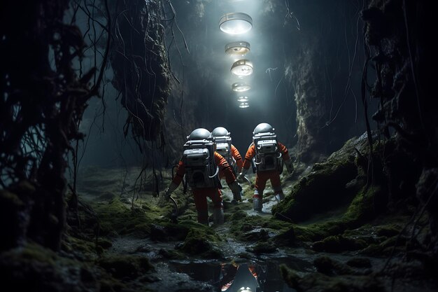 Photo a group of astronauts exploring an abandoned alien spaceship created with ai