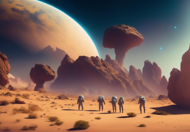 a group of astronauts exploring an unknown planet