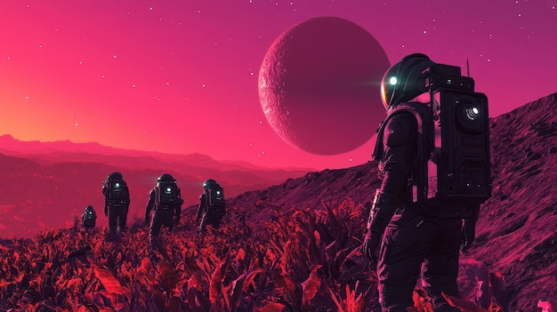 Photo a group of astronauts in glowing suits exploring the surface of a moon covered in strange glowing vegetation with a distant gas giant planet hanging low in the sky