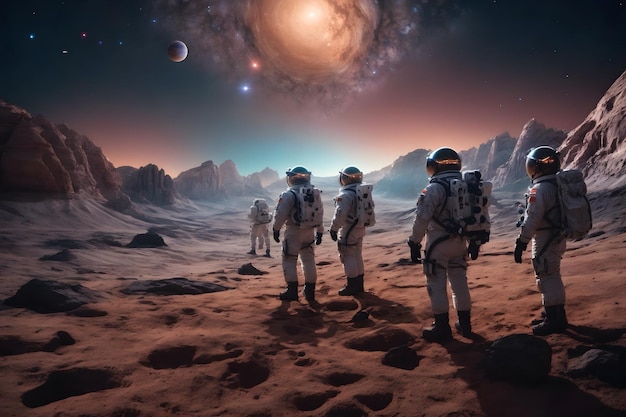 A group of astronauts walking on a planet