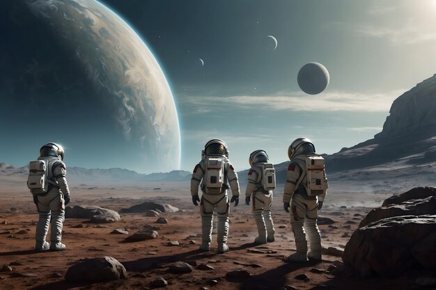 A group of astronauts walking on a planet