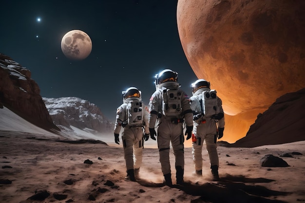 A group of astronauts walking on a planet