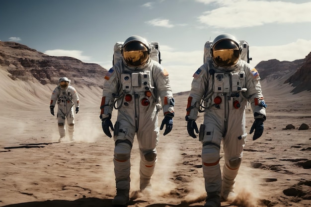 A group of astronauts walking on a planet