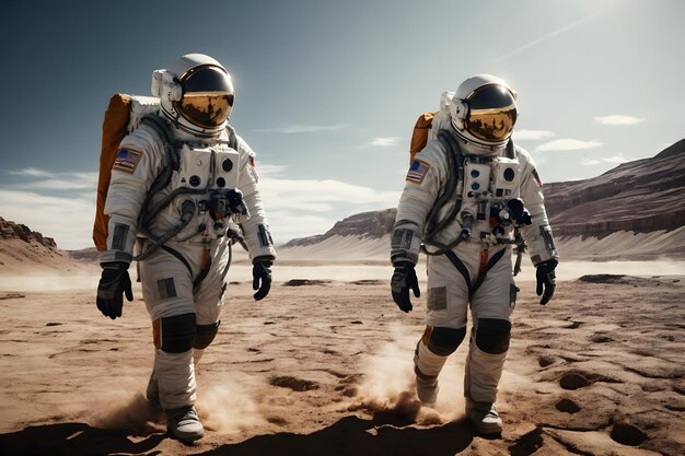 A group of astronauts walking on a planet