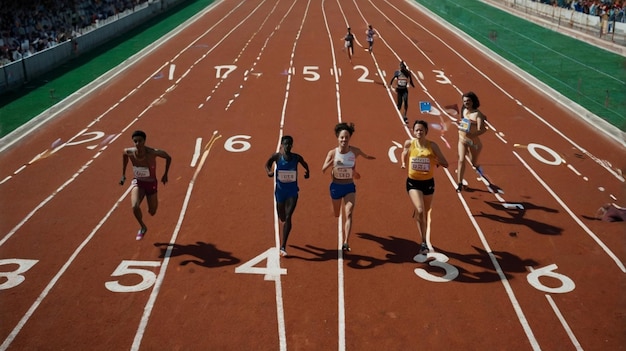 Photo a group of athletes are running on a track with the olympic logo on their shirts