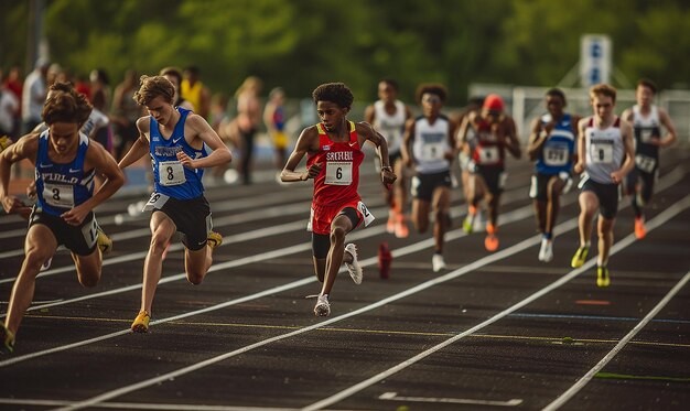 a group of athletes running in a race on track