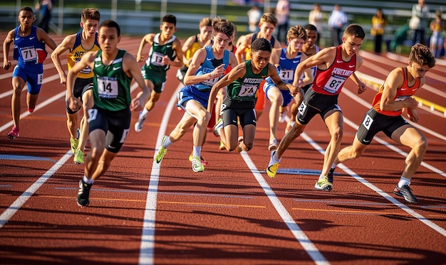 a group of athletes running in a race on track