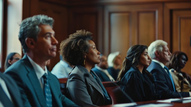 Photo a group of attentive individuals sitting in a courtroom listening intently during what appears to be a significant legal proceeding