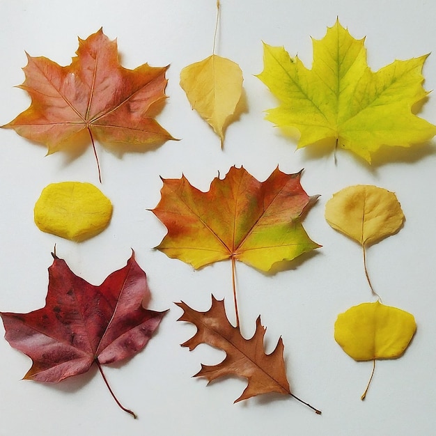 a group of autumn leaves are on a white surface