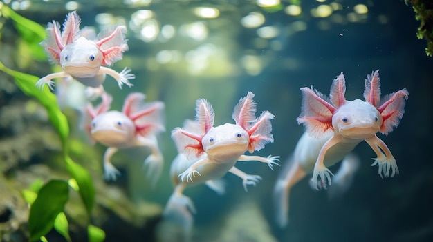 Photo a group of axolotls swimming in a clear aquatic environment