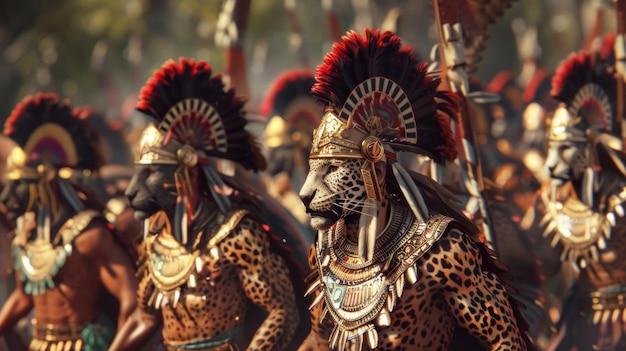 A group of aztec eagle and jaguar warriors march in formation their movements synchronized and