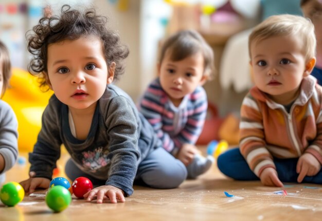 Photo group of babies laying on the floor playing with toy balls and toys