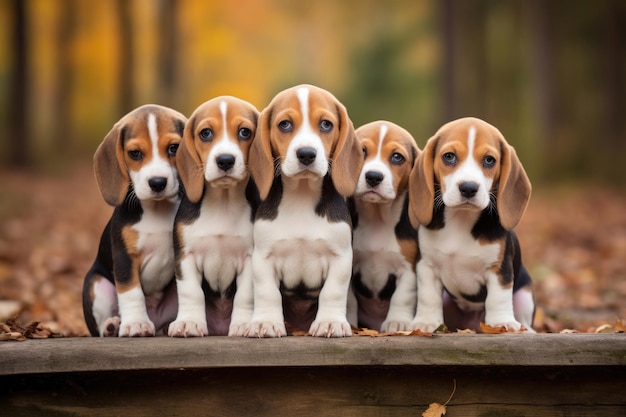 Photo group of baby beagle dogs outdoors