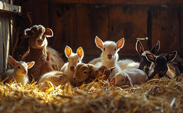 Photo a group of baby goats are laying down in a haycovered pen the scene is peaceful and calm with the goats looking content and relaxed