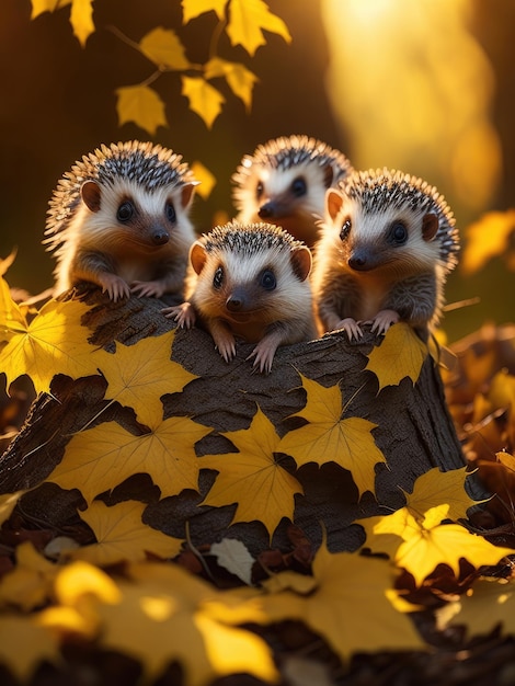 Group of baby hedgehogs climbing and playing in the leaves ai generative