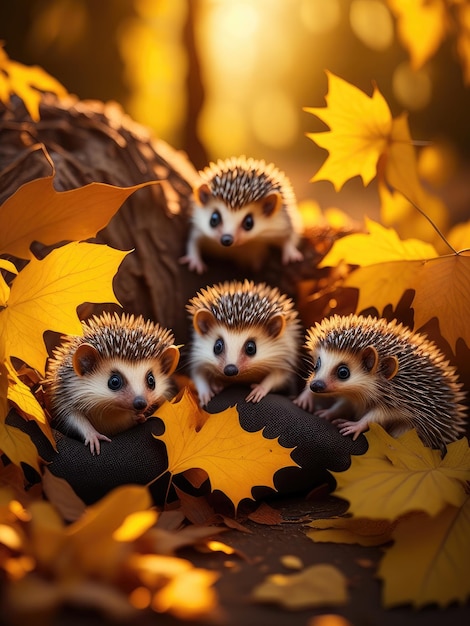 Group of baby hedgehogs climbing and playing in the leaves ai generative