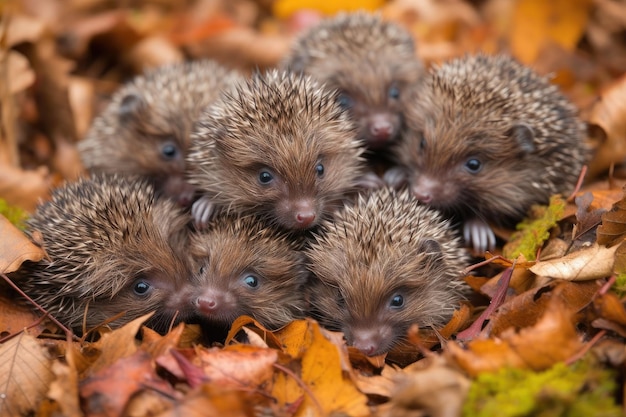 Group of baby hedgehogs uncurling in a pile of autumn leaves created with generative ai