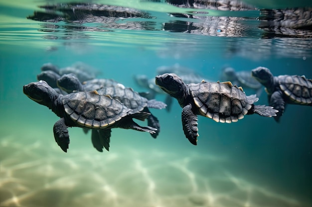 Group of baby turtles swimming in unison toward the horizon created with generative ai