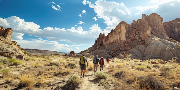 A group of backpackers trekking through a rugged desert land