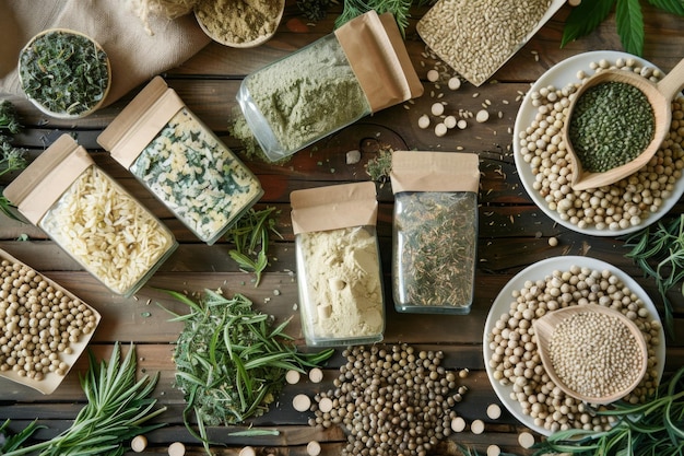 Photo group of bags containing different types of herbs including hemp marijuana and cannabis