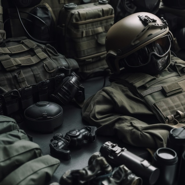 A group of bags and a helmet are on a table.