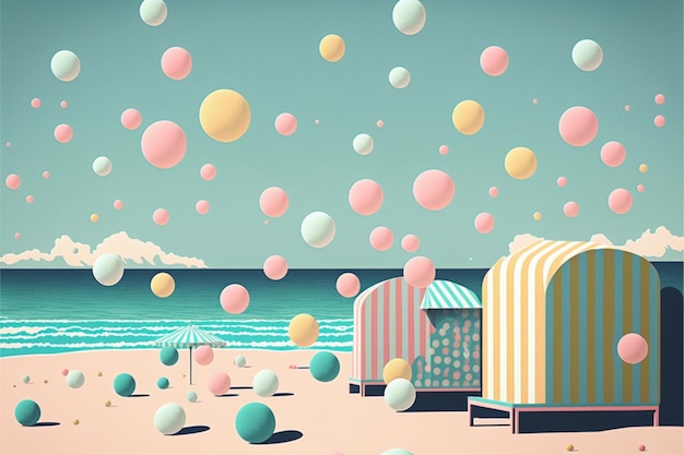 Group of balloons sitting on top of a sandy beach generative ai