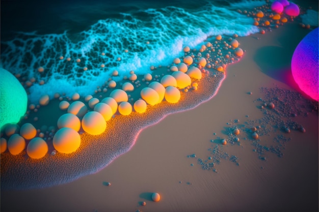 Group of balloons sitting on top of a sandy beach generative ai