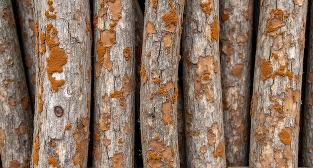 Photo a group of bamboo sticks with orange lichen on them