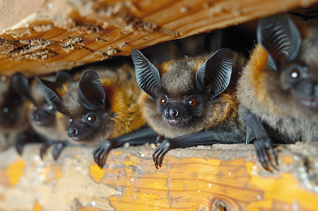 Group of Bats Perched on Wooden Structure