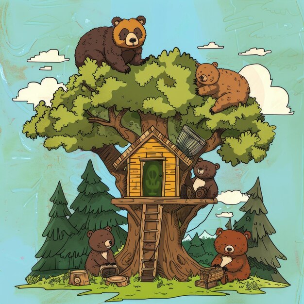 Photo a group of bears playing around a treehouse in the woods