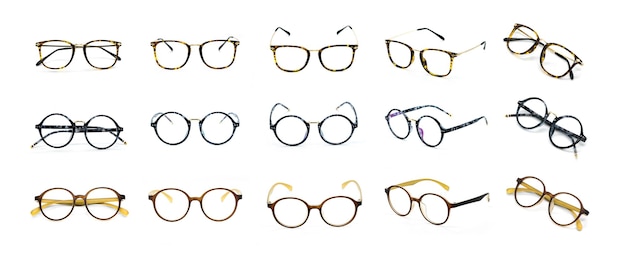 Group of beautiful eyeglass frames isolated on white background Spectacles Costume Fashion