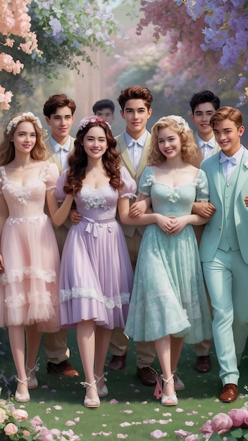 The group of beautiful girls and boys on pastel