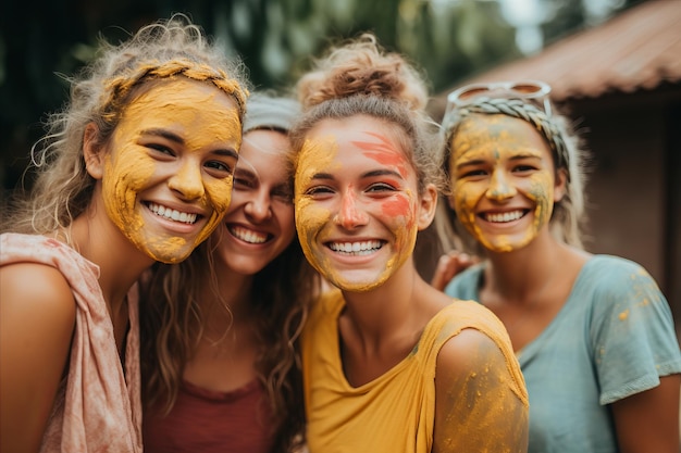 Group of Beautiful Young Women Enjoying Color Festival Smiling and Having Fun Together