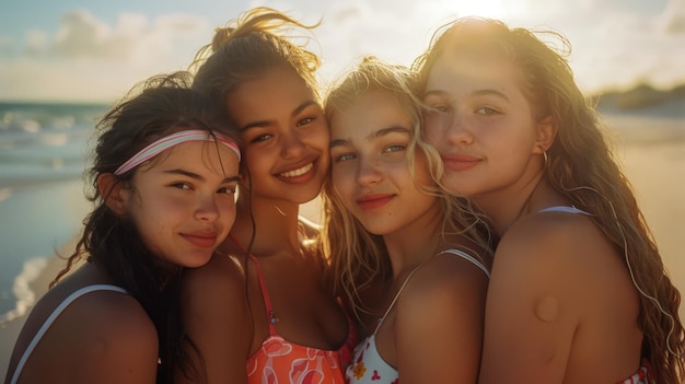 Group of beautiful young women enjoying their vacation on a beach