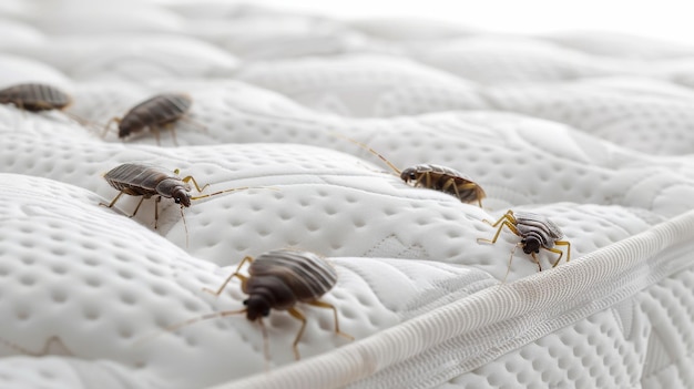 Group of Bed Bugs Crawling on White Blanket