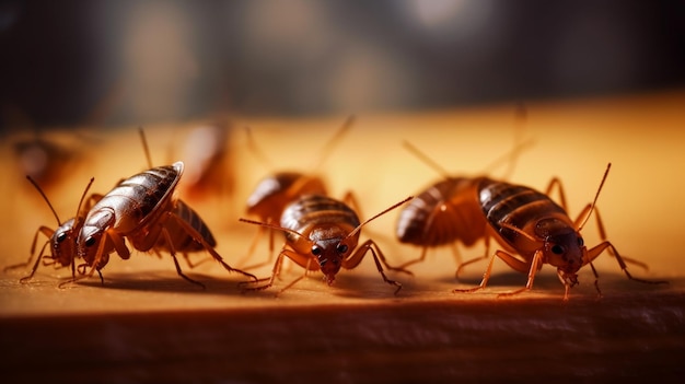 A group of bedbugs are on a wooden surface.