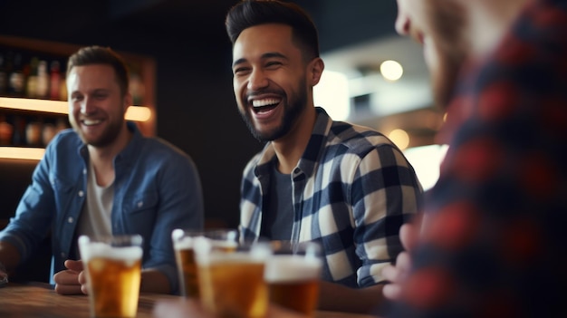 A group of beerdrinking friends having fun together in a bar