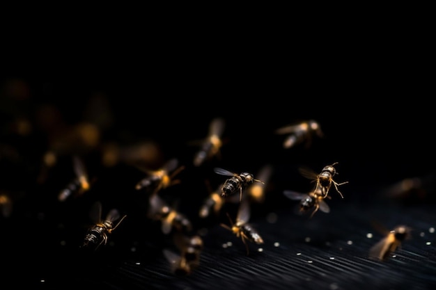 A group of bees fly on a black surface.