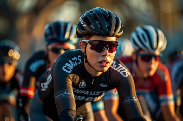 Photo a group of bicyclists are racing down a road at sunset