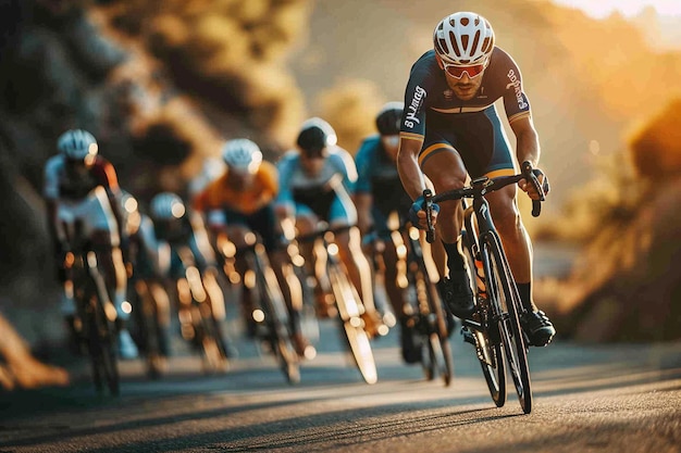 a group of bicyclists are racing down a road at sunset