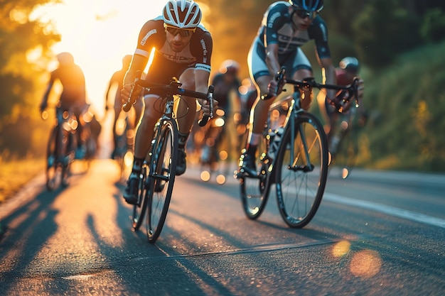 a group of bicyclists are racing down a road at sunset