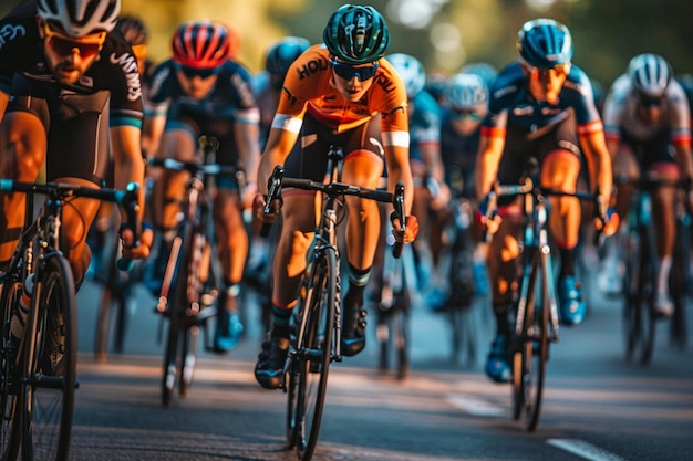 a group of bicyclists are racing down a road at sunset